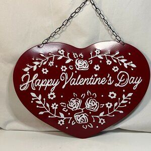 Heart Sign Embossed Metal Valentine's Day Decor Hanger Red & White 9”x13”